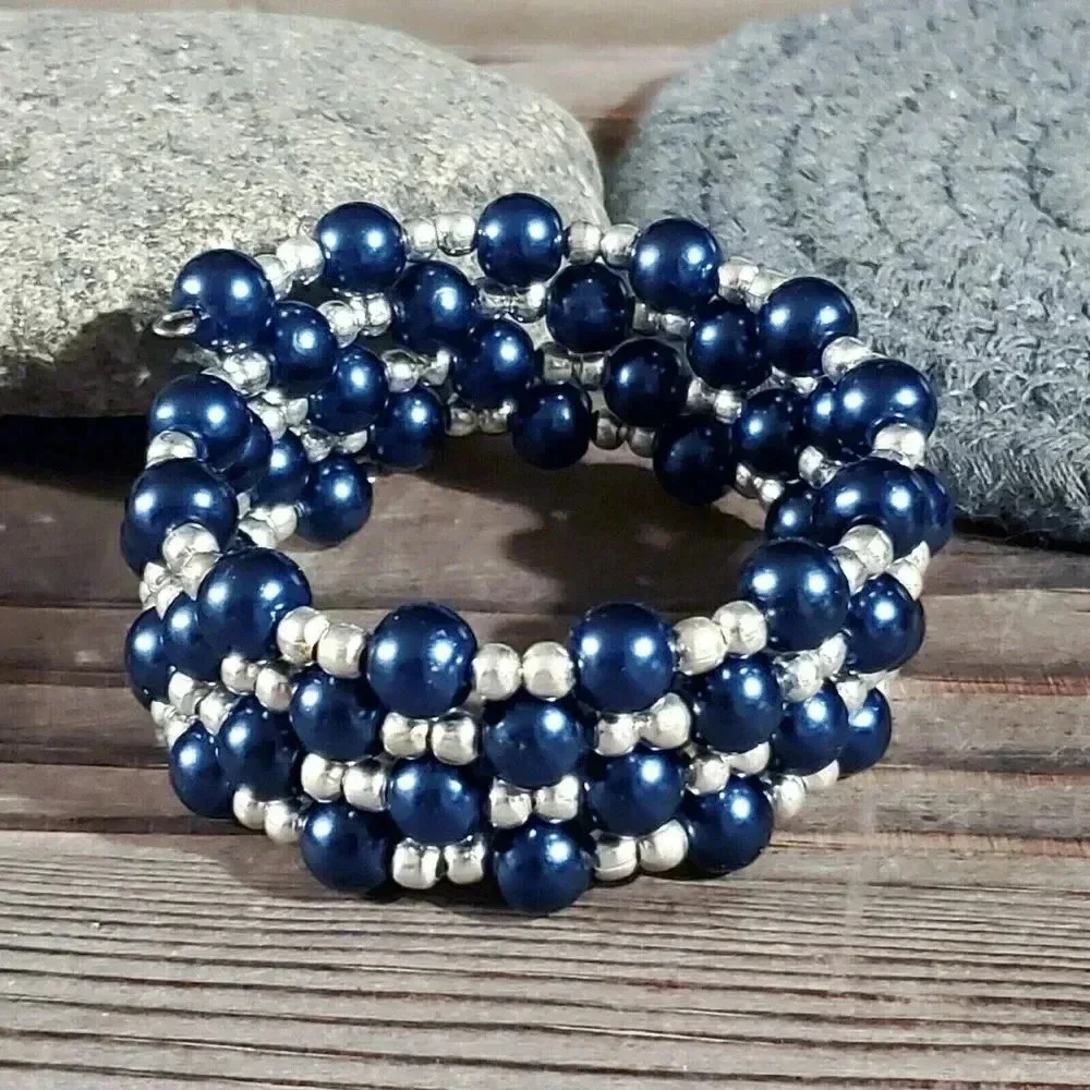 Hand Crafted Dark Blue Glass Pearl Silver Beads Wrap Bracelet
